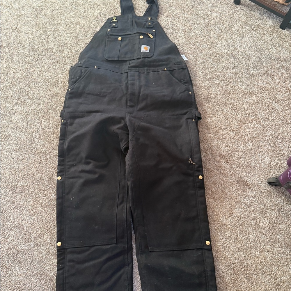 Insulated Carhartt Black Bib Overalls with Gold Details